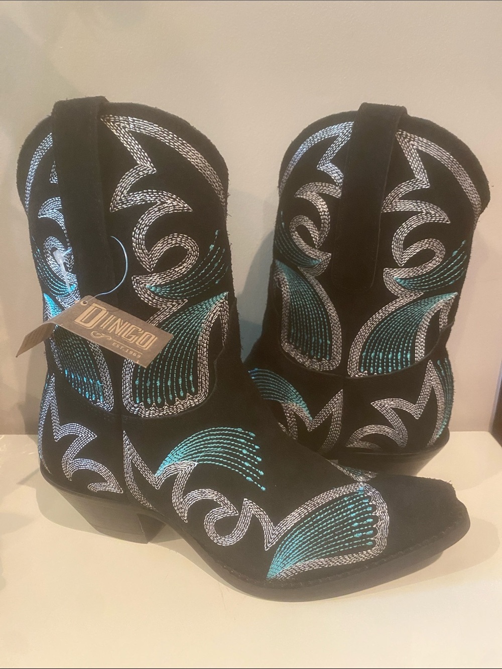Dingo Black Suede Western Ankle Boots with Teal & Silver Embroidery
